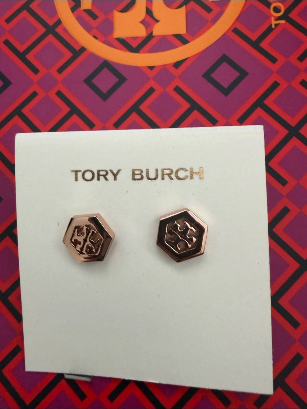 Tory Burch Gold Hexagon Logo Studs - Polished Logo Earrings - Picture 3 of 5